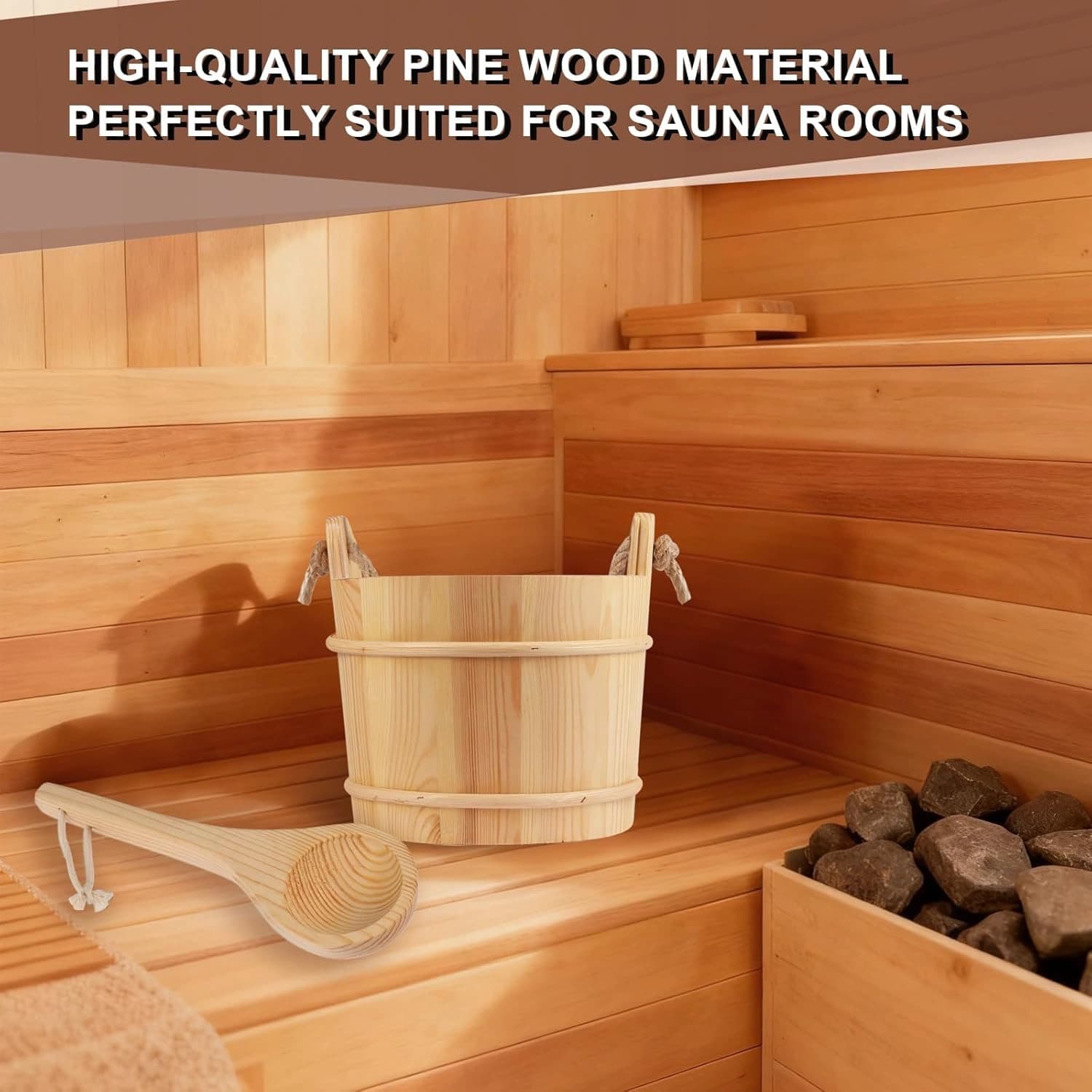 Traditional wooden sauna bucket and ladle set for Finnish löyly steam experience