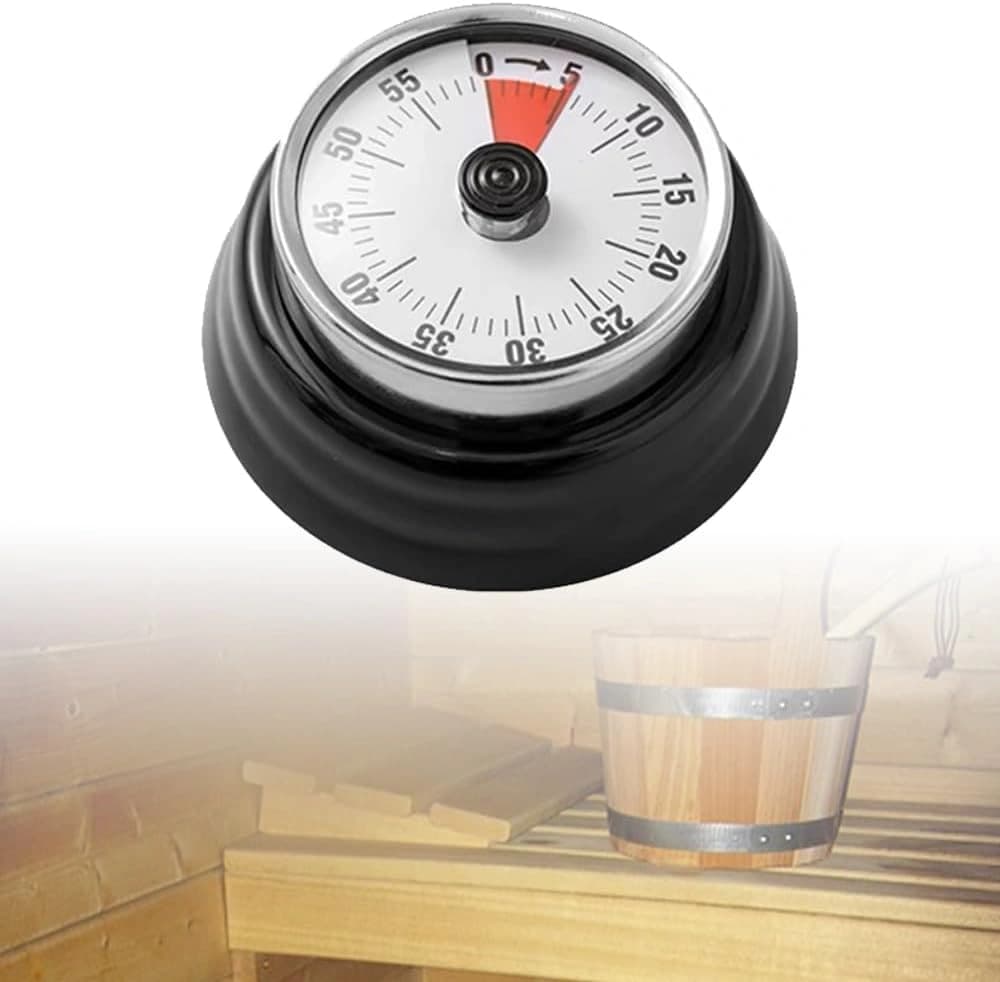 Stainless steel mechanical sauna timer with 55-minute dial, no batteries required