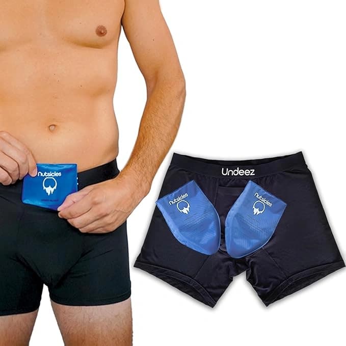 Custom-fit ice pack for testicular cooling after sauna, protects fertility and testosterone